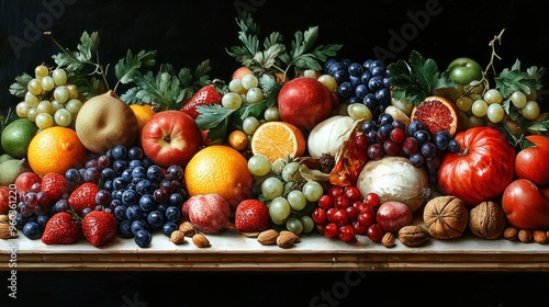 A vibrant still life of assorted fruits on a dark background.