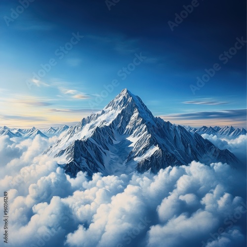 A majestic snow-capped mountain peak rising above the clouds under a clear blue sky, offering a serene and breathtaking view.