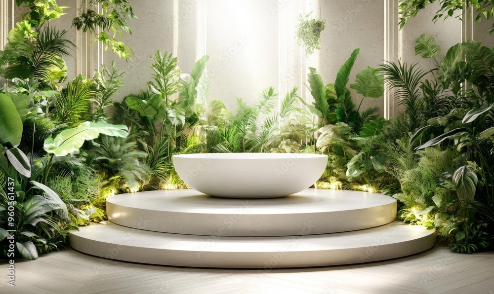 Elegant 3D Forest Podium in Tropical Garden: Nature-Inspired Green Display for Botanical Skincare Marketing. Luxurious Product Showcase with Lush Foliage, Stones, and White Flora. AI-Generated 4K Wall Elegant 3D Forest Podium in Tropical Garden: Nature-Inspired Green Display for Botanical Skincare Marketing. Luxurious Product Showcase with Lush Foliage, Stones, and White Flora. AI-Generated 4K Wall