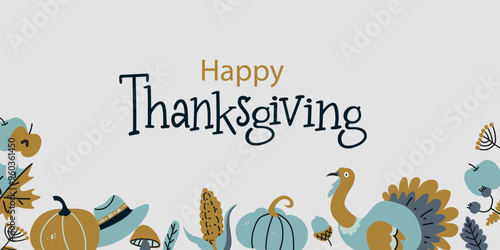 Happy thanksgiving day with autumn leaves, pumpkins, berries, mushroomswith  turkey, corn, hat. Hand drawn text lettering for Thanksgiving Day. Vector illustration. Thanksgiving greetings card, shirt,