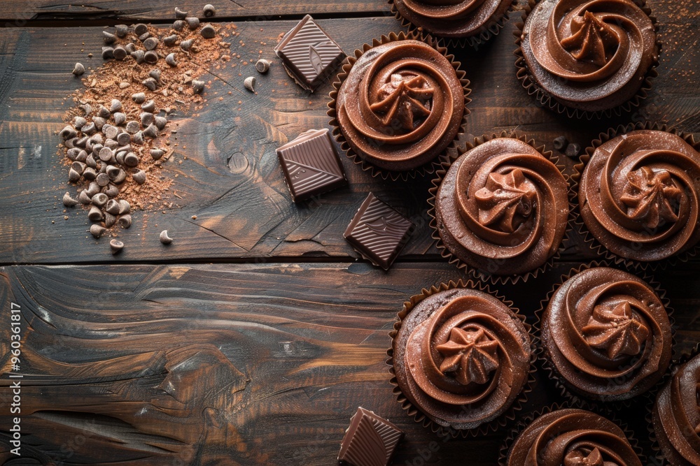 Delicious chocolate cupcakes topped with creamy chocolate frosting and shaved chocolate pieces on a textured surface. Delicious chocolate cupcakes topped with creamy chocolate frosting and shaved chocolate pieces on a textured surface.