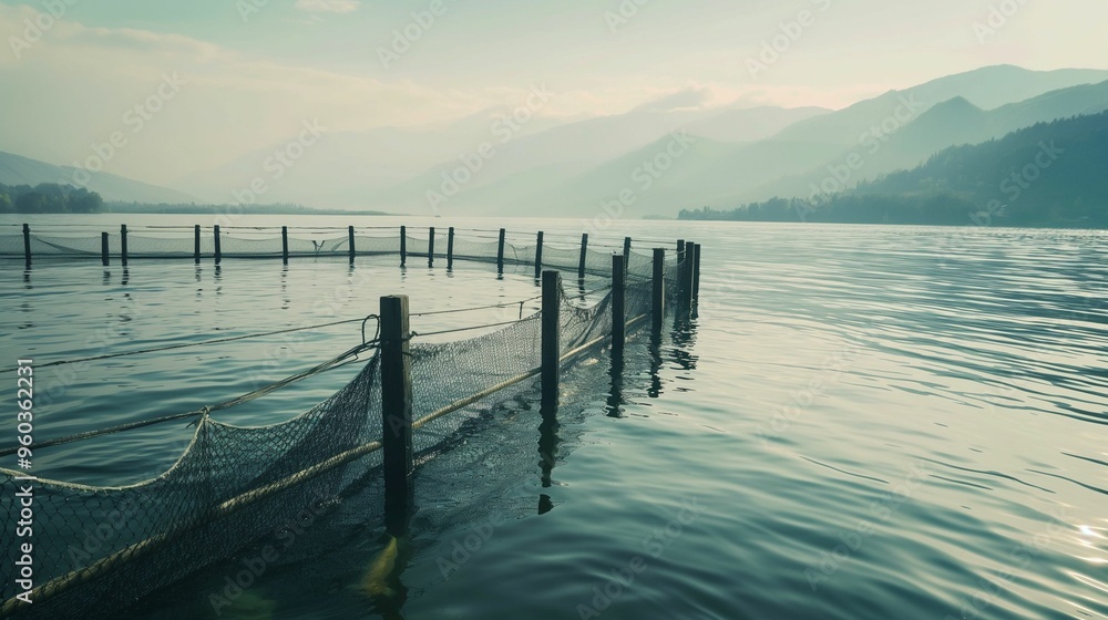 Fishing net enclosure in a calm lake with mountains in the background. Fishing net enclosure in a calm lake with mountains in the background.
