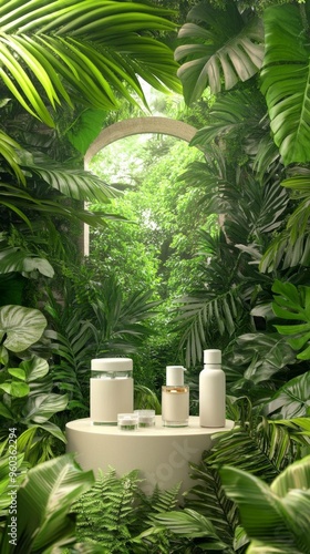 Elegant 3D Forest Podium in Tropical Garden: Nature-Inspired Green Display for Botanical Skincare Marketing. Luxurious Product Showcase with Lush Foliage, Stones, and White Flora. AI-Generated 4K Wall photo