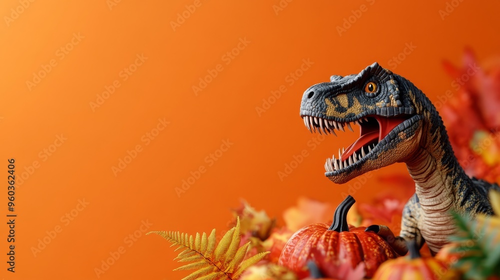 Obraz premium T-Rex figurine among fall leaves and pumpkins, Thanksgiving celebration concept