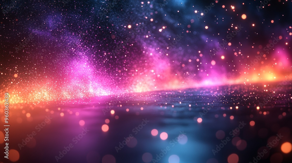 Fototapeta premium A vibrant cosmic landscape with colorful stars and swirling light patterns at twilight over an ethereal ocean surface