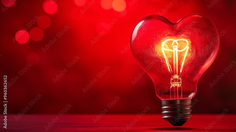 Light bulb with a heart shape glowing filament on a red background.