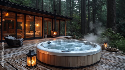 A hot tub on the deck of a secluded cabin in the woods, surrounded by tall pine trees, with a glowing wood-burning stove nearby, steam rising into the night air,