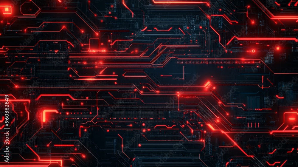 A digital circuit board design featuring intricate red lines and patterns against a dark background, symbolizing technology. A digital circuit board design featuring intricate red lines and patterns against a dark background, symbolizing technology.
