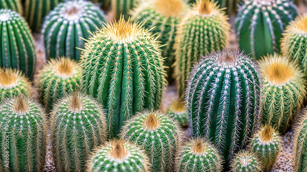 Vibrant Array of Barrel Cacti: A Desert Garden's Spiky Splendor Vibrant Array of Barrel Cacti: A Desert Garden's Spiky Splendor
