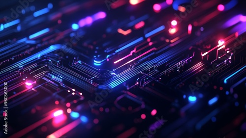 A vibrant, abstract representation of a circuit board with glowing lines and nodes, illustrating technology and innovation.