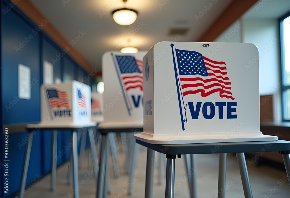 Obraz premium Voting Booths with American Flags, Election Day, Democracy