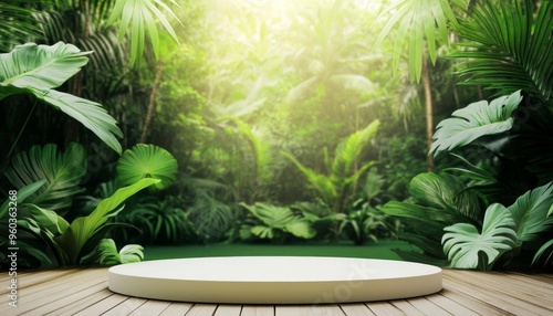 Elegant 3D Forest Podium in Tropical Garden: Nature-Inspired Green Display for Botanical Skincare Marketing. Luxurious Product Showcase with Lush Foliage, Stones, and White Flora. AI-Generated 4K Wall