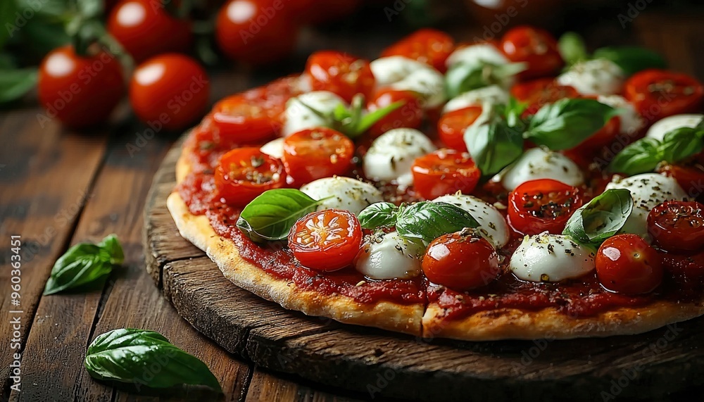 Close-up of a Margherita Pizza with Cherry Tomatoes and Basil Close-up of a Margherita Pizza with Cherry Tomatoes and Basil