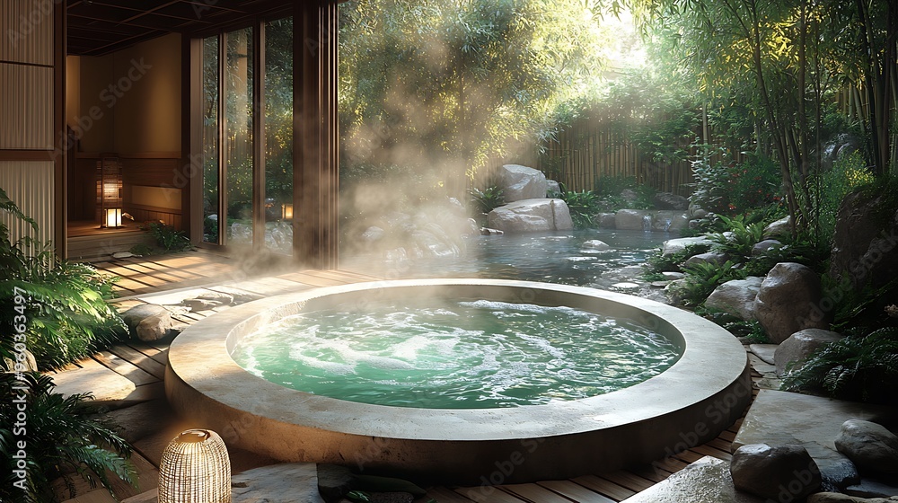 A Japanese-inspired hot tub surrounded by lush bamboo, stone lanterns, and a tranquil koi pond, steam rising from the warm water, creating a serene and peaceful Zen garden retreat, A Japanese-inspired hot tub surrounded by lush bamboo, stone lanterns, and a tranquil koi pond, steam rising from the warm water, creating a serene and peaceful Zen garden retreat,