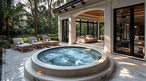 A lavish resort hot tub nestled in a backyard with marble flooring, plush lounge chairs, a stylish poolside cabana, and soft lighting casting warm glows, steam rising gently,