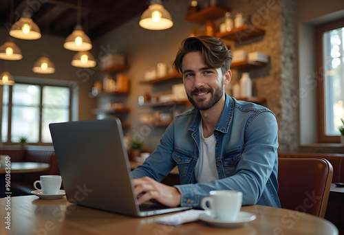 Man Working on Laptop in a Coffee Shop