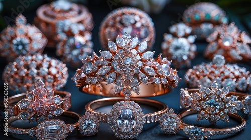 A stunning collection of rose gold jewelry pieces with intricate designs and sparkling gemstones, perfectly arranged to showcase their beauty and vintage-inspired elegance. photo