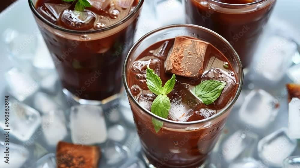 Glasses of chocolate milk cocktails on ice with mint leaves, perfect for hot days. Sweet cocoa flavor quenches thirst, refreshing and homemade. Enjoy at parties or as a treat Glasses of chocolate milk cocktails on ice with mint leaves, perfect for hot days. Sweet cocoa flavor quenches thirst, refreshing and homemade. Enjoy at parties or as a treat