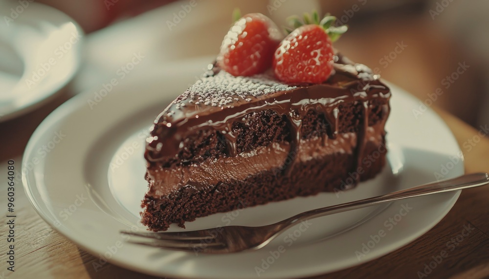Chocolate Cake Slice with Strawberries and Powdered Sugar Chocolate Cake Slice with Strawberries and Powdered Sugar