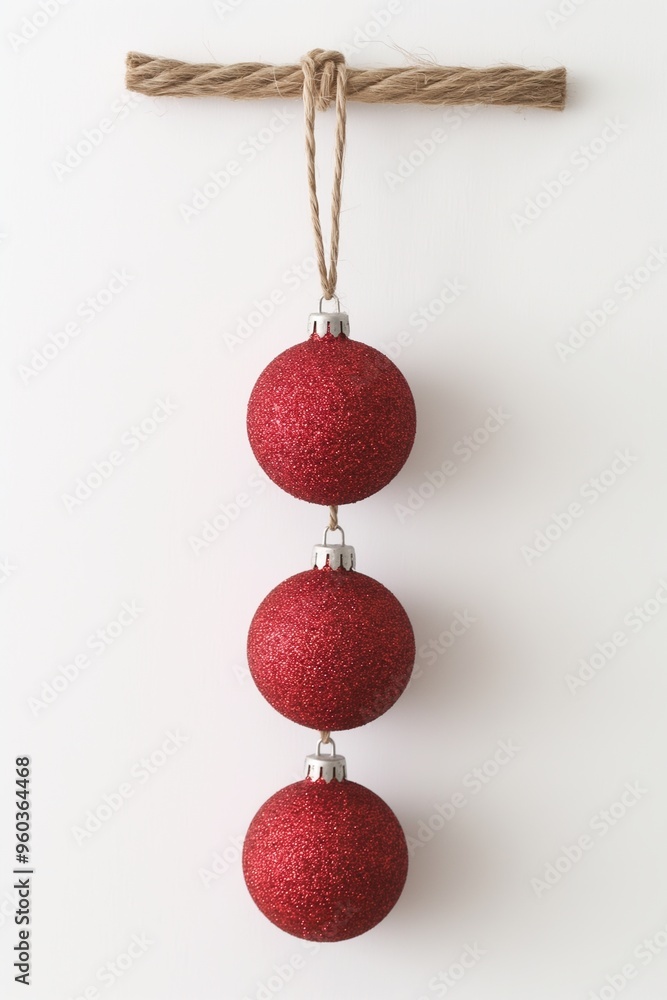 Red Christmas ornaments hanging vertically on coarse rope against white background Red Christmas ornaments hanging vertically on coarse rope against white background