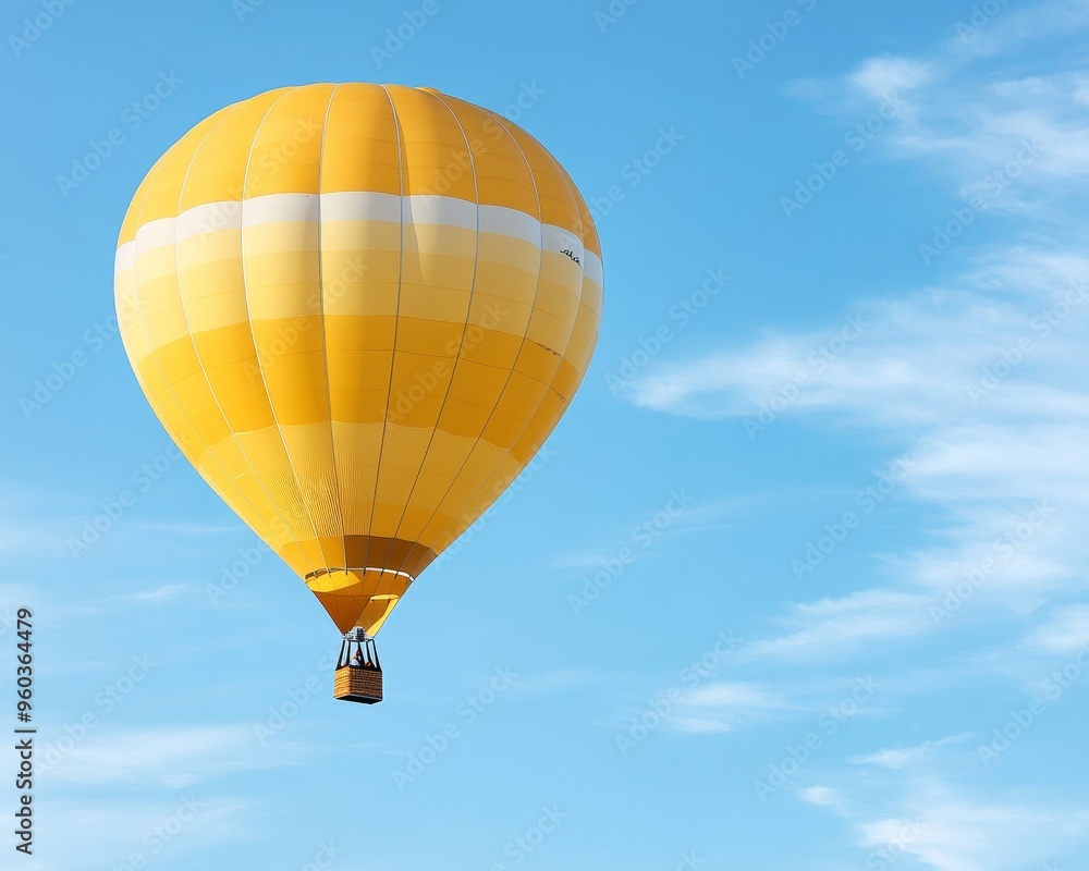 Naklejka premium A vibrant yellow hot air balloon floats gracefully against a bright blue sky with wispy white clouds.