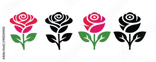 Elegant Rose Set Vector Color With Silhouette Collection