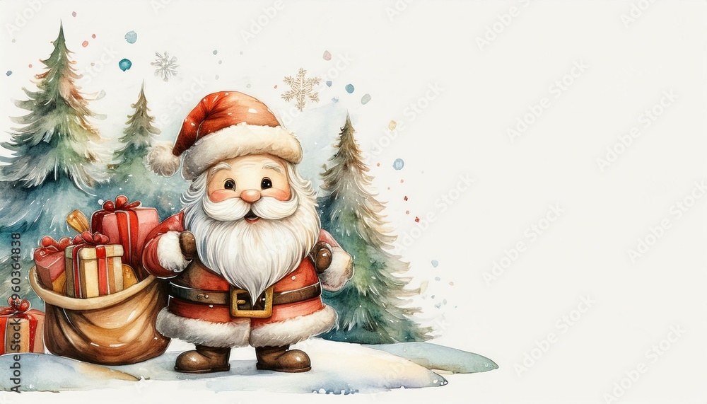 Santa Claus with bag and gifts on white background. Christmas background with place for text. Drawing, watercolor, illustration Santa Claus with bag and gifts on white background. Christmas background with place for text. Drawing, watercolor, illustration