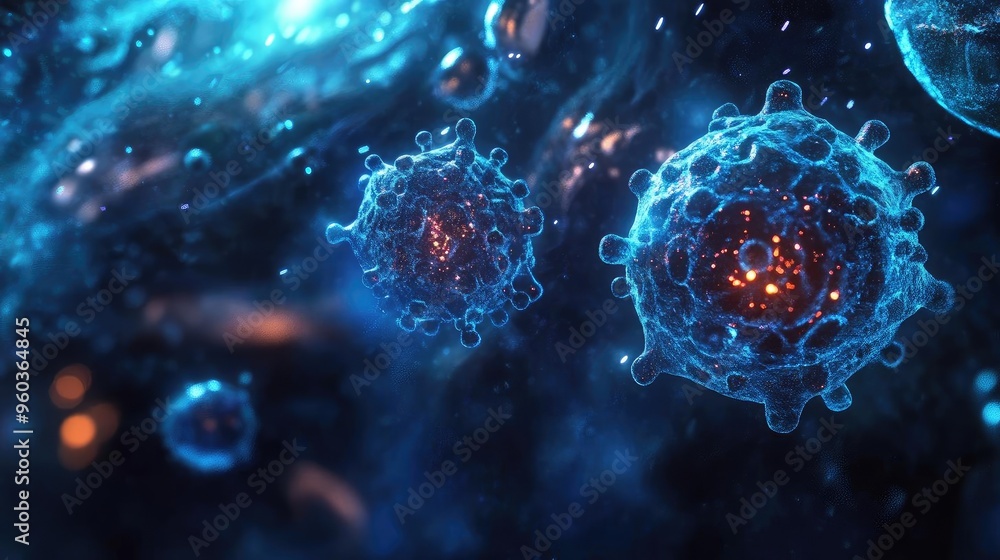 An abstract representation of viruses in a vibrant and colorful cosmic environment, showcasing intricate details and textures. An abstract representation of viruses in a vibrant and colorful cosmic environment, showcasing intricate details and textures.