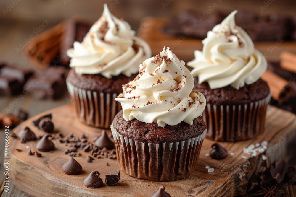 Rich chocolate cupcakes with a swirl of vanilla frosting and sprinkled with shaved chocolate, surrounded by chocolate chips. Rich chocolate cupcakes with a swirl of vanilla frosting and sprinkled with shaved chocolate, surrounded by chocolate chips.