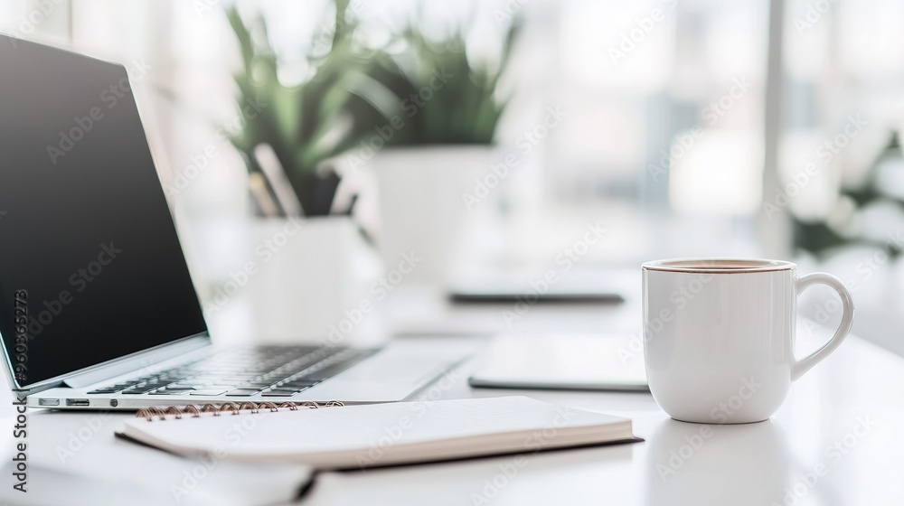 Cozy workspace with a laptop, notebook, and coffee cup surrounded by plants in a bright, modern office setting during daylight Cozy workspace with a laptop, notebook, and coffee cup surrounded by plants in a bright, modern office setting during daylight