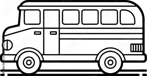 Black And White Outline Drawing Of A Retro Bus For Coloring And Design Projects