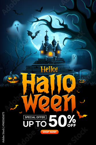 Happy Halloween sale, Scary tree, pumpkins, castle, bat flying, ghost poster design on dark blue background, Eps 10 vector illustration