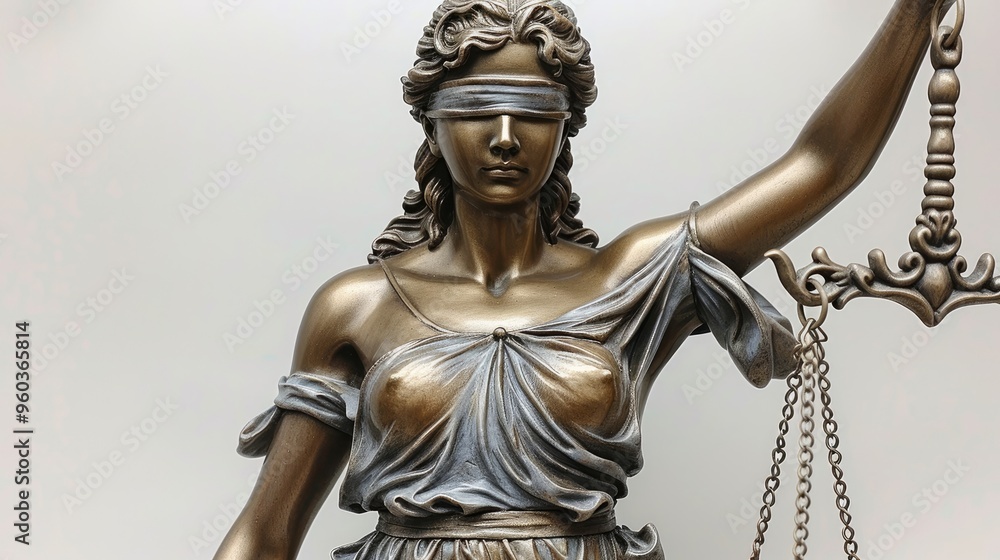 An intricate close-up view of Lady Justice's upper torso, showcasing the detailed blindfold, scales, and draped attire, emphasizing justice and fairness. An intricate close-up view of Lady Justice's upper torso, showcasing the detailed blindfold, scales, and draped attire, emphasizing justice and fairness.