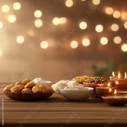 Diwali feast, traditional dishes on festive table, 3D illustration, copy space for text, photo