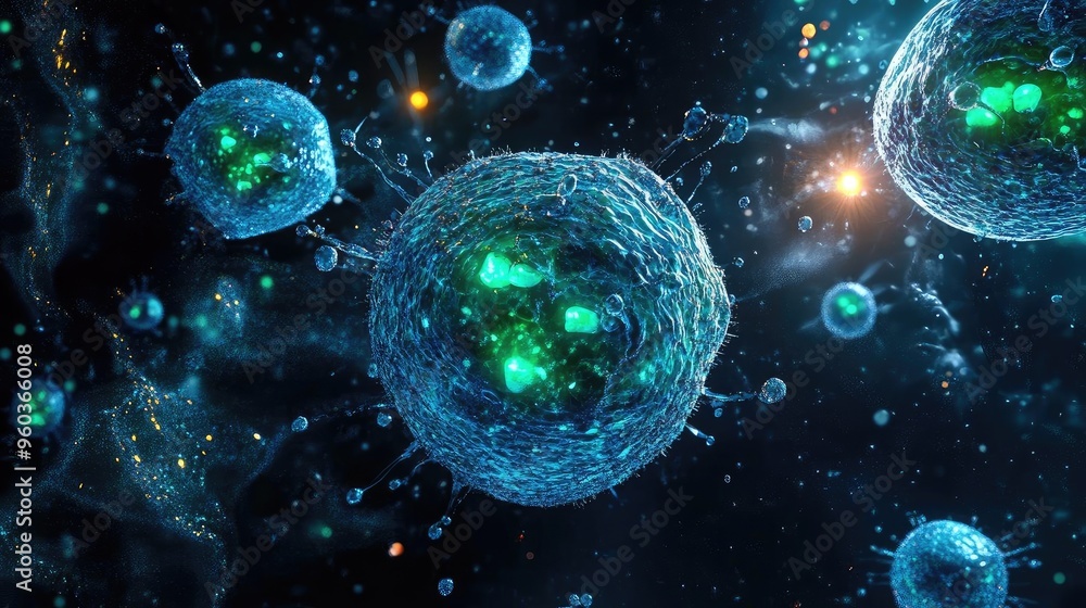Vibrant illustration of microorganisms, showcasing intricate details and glowing features in a cosmic backdrop. Vibrant illustration of microorganisms, showcasing intricate details and glowing features in a cosmic backdrop.