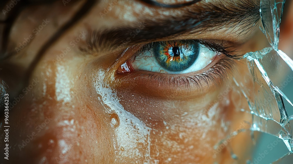 Tears Reflection emotive portrait of individual gazing at distorted reflection in ...