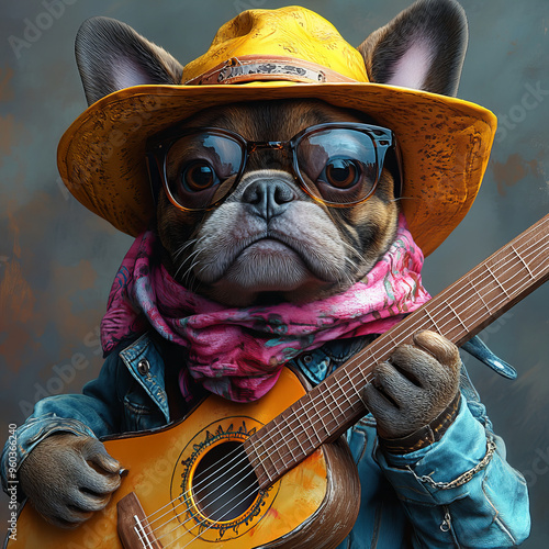 French bulldog in denim jacket, yellow hat and sunglasses strumming guitar with stylish look grey background calm musical vibes