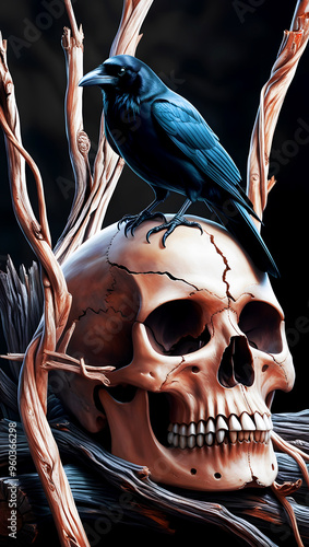  A black crow perched on top of a human skull