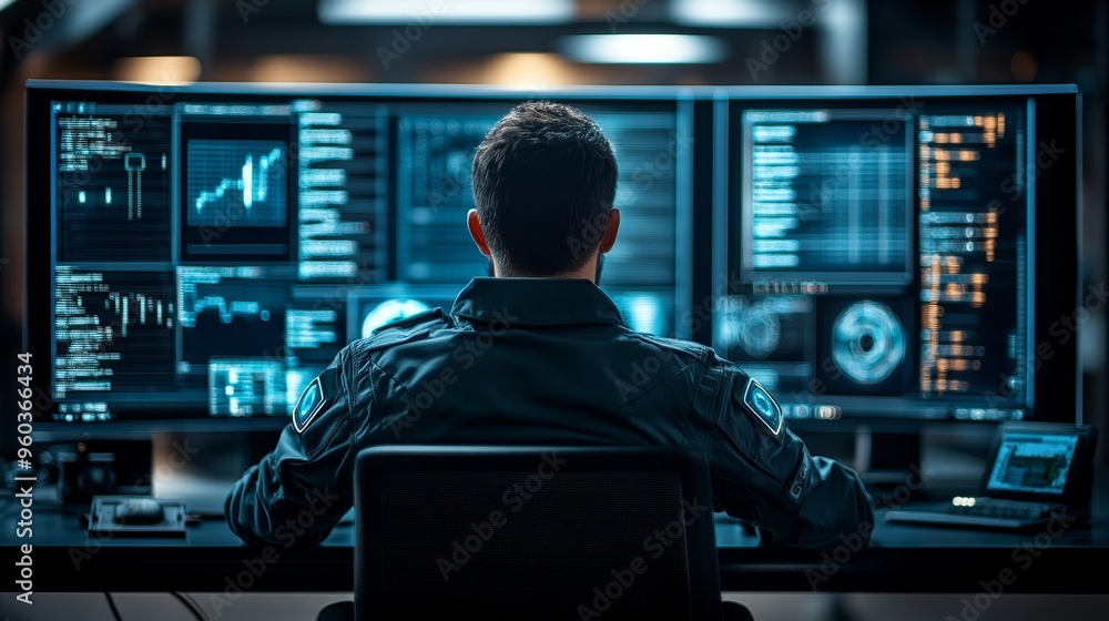 A man sits in front of multiple computer monitors displaying data and graphs. He is working on a complex project or analyzing data. A man sits in front of multiple computer monitors displaying data and graphs. He is working on a complex project or analyzing data.