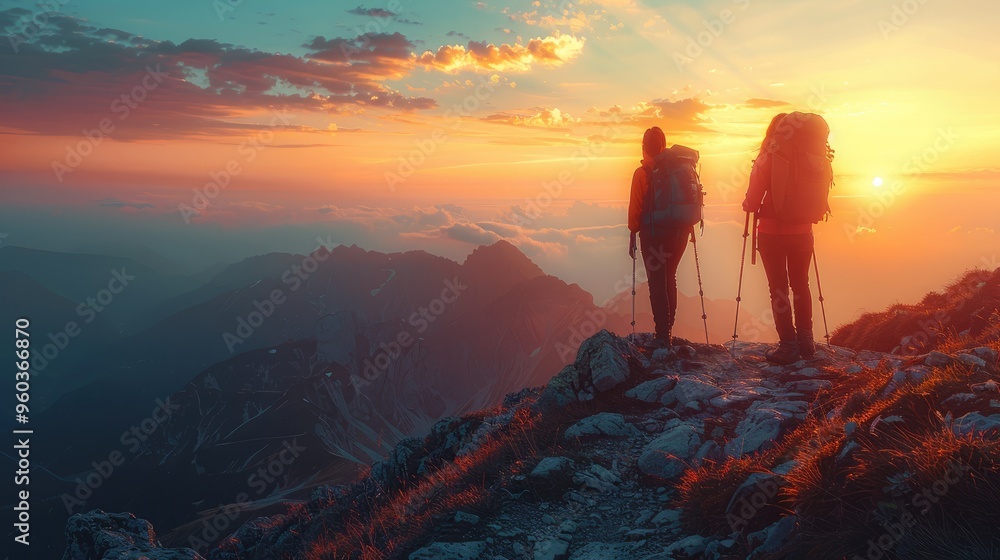 Two hikers silhouetted against a stunning sunset, standing atop a rocky peak, looking out over a breathtaking mountain range with clouds spilling over the ridges.