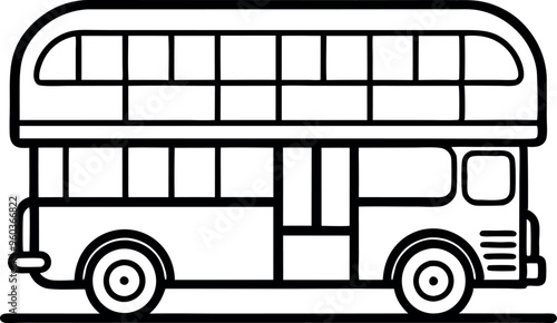 Simple Black and White Illustration of Vintage Double Decker Bus with Clean Lines and Classic Design