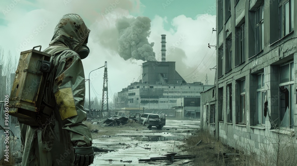 Post-apocalyptic scene with a person in a hazmat suit, a nuclear power plant, and industrial buildings Post-apocalyptic scene with a person in a hazmat suit, a nuclear power plant, and industrial buildings