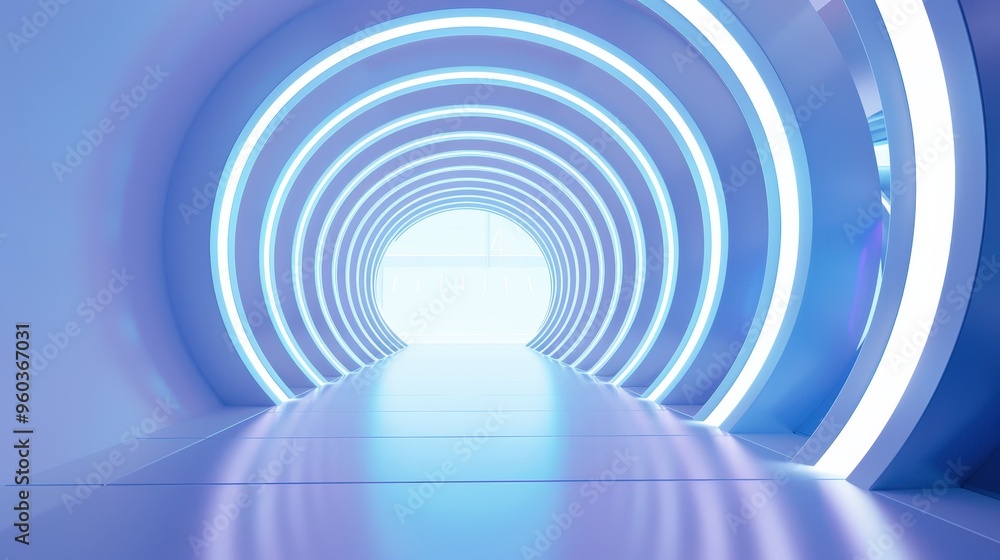 Obraz premium Futuristic architectural space with a series of glowing blue circular lights forming a tunnel-like structure