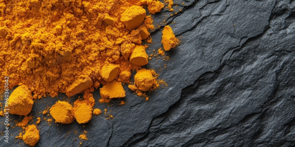 Turmeric powder on black slate surface. Turmeric powder on black slate surface.