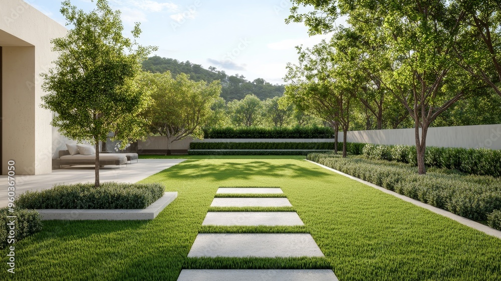 A modern backyard with a lush green lawn, stone pathway, and trees. The design features clean lines and a minimalist aesthetic. A modern backyard with a lush green lawn, stone pathway, and trees. The design features clean lines and a minimalist aesthetic.