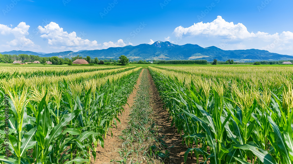 Lush Corn Field Path Leading to Mountain Range Under Blue Sky with Fluffy Clouds Lush Corn Field Path Leading to Mountain Range Under Blue Sky with Fluffy Clouds