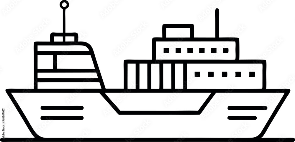 Minimalistic Line Art Illustration of Cargo Ship in Black and White Design Style Minimalistic Line Art Illustration of Cargo Ship in Black and White Design Style