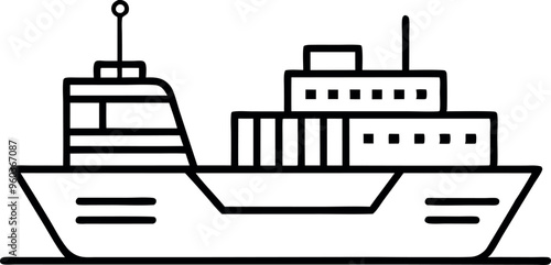 Minimalistic Line Art Illustration of Cargo Ship in Black and White Design Style