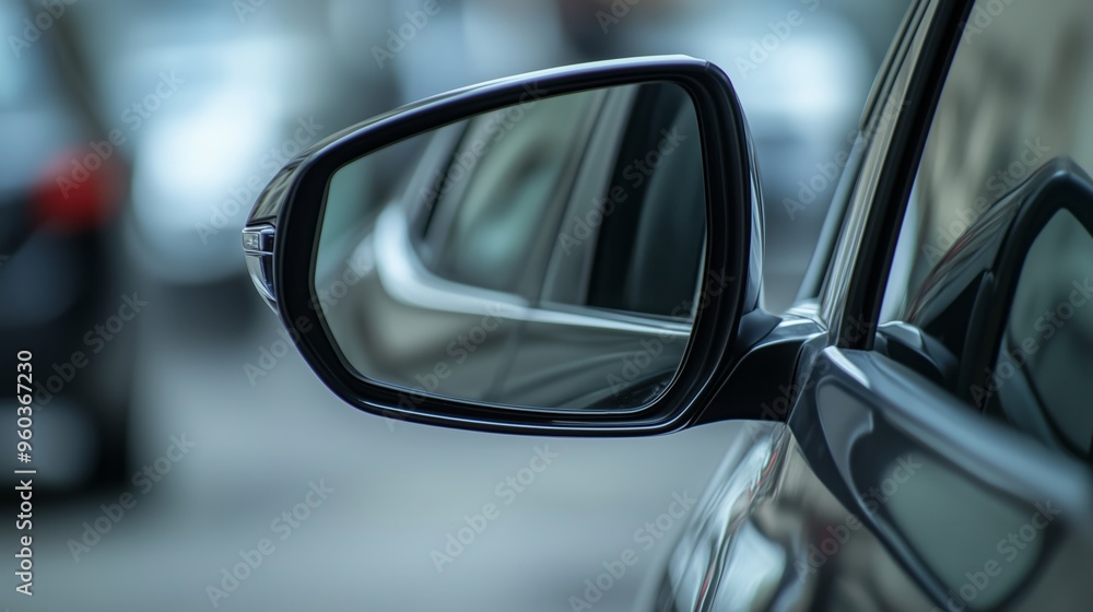 Rear-view mirror closed for safety at car park, Side mirror of gray car , black tinted glass Rear-view mirror closed for safety at car park, Side mirror of gray car , black tinted glass