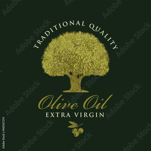 Vector banner or label for extra virgin olive oil with realistic olive tree and handwritten inscriptions on black background in retro style